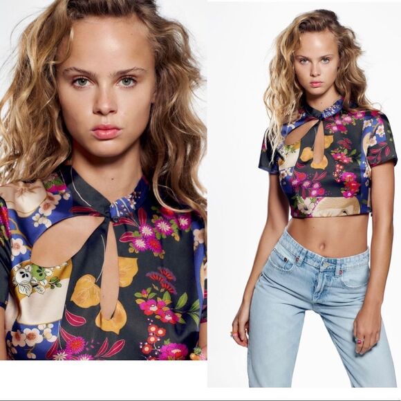 ZARA satin effect printed crop top Sz S NWT - Picture 2 of 10